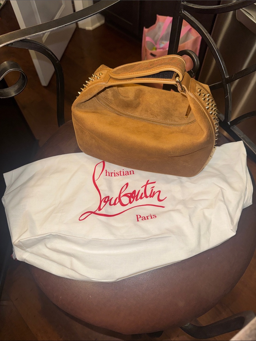Christian Louboutin Funky Empire Spike Dopp Suede Bag Rhea Gold